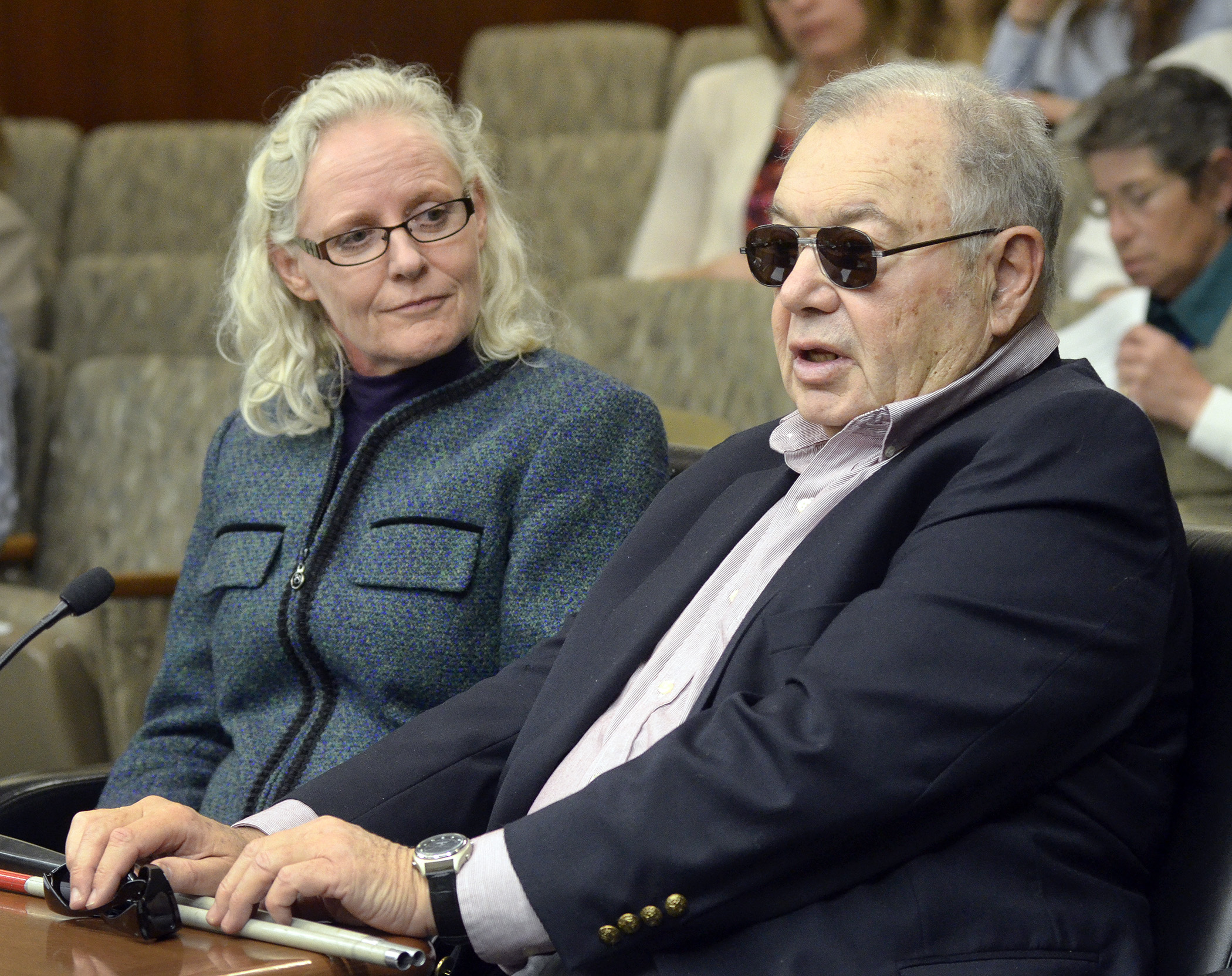 Kate Grathwol, president/CEO of Vision Loss Resources, and Allen Hyatt, a retired assistant Minneapolis city attorney, testify for a bill to establish an in-home and community service grant program for older adults with vision loss. Photo by Andrew VonBank